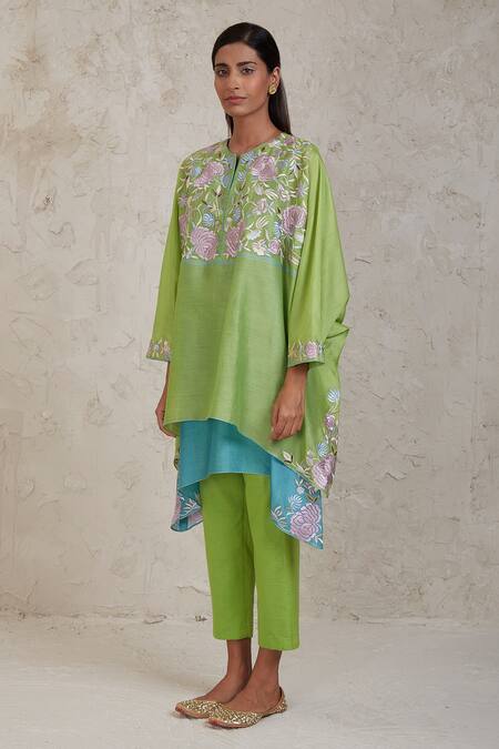 Buy_Sue Mue_Green Chanderi Embroidery Split V-neck Zimal Kaftan And Pant Set 