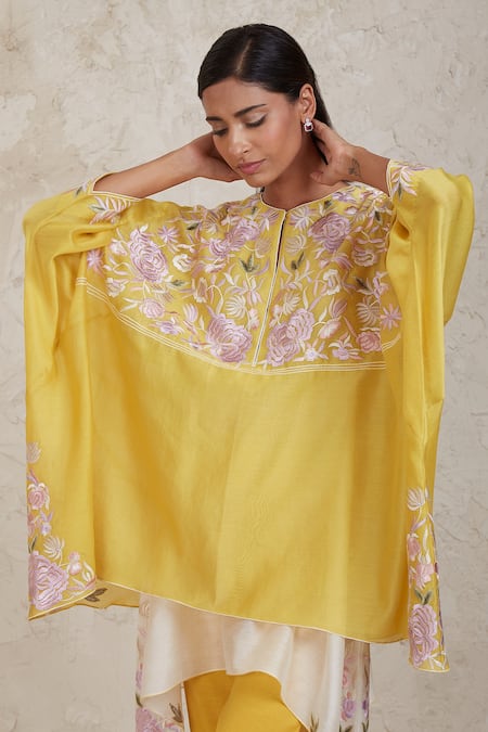 Shop_Sue Mue_Yellow Chanderi Embroidery Split V-neck Zimal Layered Kaftan And Pant Set _Online_at_Aza_Fashions