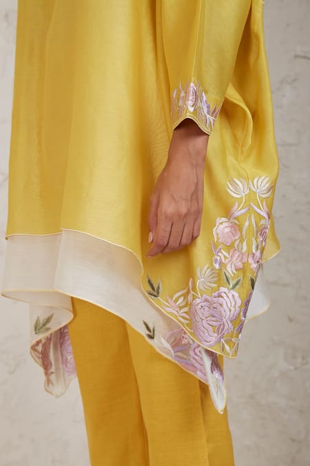 Buy_Sue Mue_Yellow Chanderi Embroidery Split V-neck Zimal Layered Kaftan And Pant Set _Online_at_Aza_Fashions