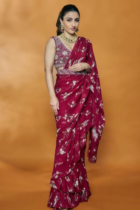 Sana Barreja Fuchsia Georgette Printed Athena Pre-draped Saree With Blouse 