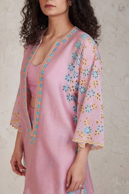 Shop Sue Mue Pink Chanderi Embroidery, Cut Work Plunge Neck Amal Kurta Pant Set Online at Aza Fashions Shop_Sue Mue_Pink Chanderi Embroidery, Cut Work Plunge Neck Amal Kurta Pant Set _Online_at_Aza_Fashions