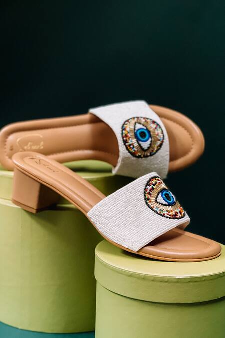 Soleart White Embroidered Evil Eye Block Heels