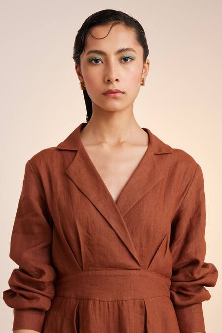 Cord Brown Linen Collared 60s Solid Dress at Aza Fashions Cord_Brown Linen Collared 60s Solid Dress_at_Aza_Fashions