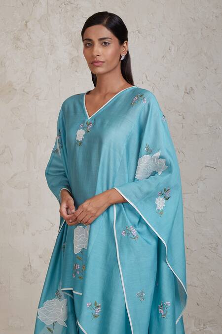 Buy_Sue Mue_Blue Chanderi Embroidery, Patchwork V-neck Isra Kaftan And Pant Set _Online_at_Aza_Fashions
