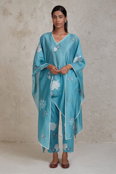 Shop_Sue Mue_Blue Chanderi Embroidery, Patchwork V-neck Isra Kaftan And Pant Set _Online_at_Aza_Fashions