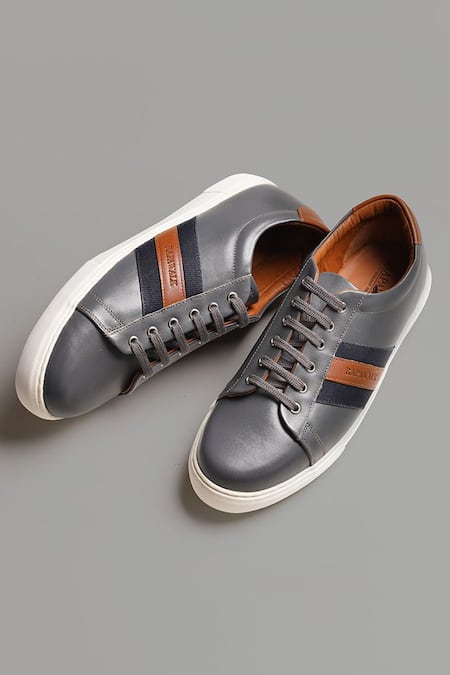 Buy Grey Striped Lace Up Leather Sneakers For Men by Rapawalk