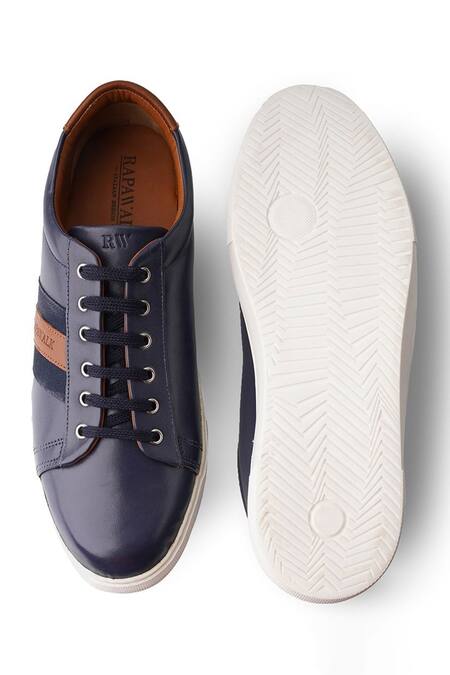 Shop Rapawalk Blue Striped Lace Up Leather Sneakers at Aza Fashions Shop_Rapawalk_Blue Striped Lace Up Leather Sneakers _at_Aza_Fashions