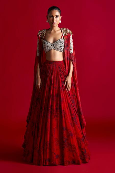 Bhumika Sharma_Black V-neck Blossom Pattern Cape Lehenga Set _Online_at_Aza_Fashions