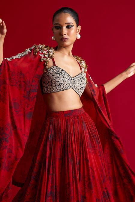 Buy_Bhumika Sharma_Black V-neck Blossom Pattern Cape Lehenga Set _Online_at_Aza_Fashions