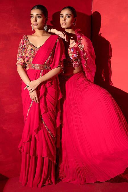 Miku Kumar_Fuchsia Silk, Georgette Thread, Sequin Pre-draped Saree With Embellished Blouse _at_Aza_Fashions