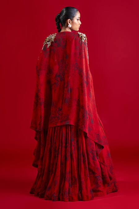 Shop_Bhumika Sharma_Black V-neck Blossom Pattern Cape Lehenga Set _Online_at_Aza_Fashions