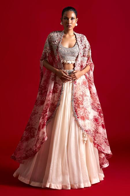 Bhumika Sharma_Red Organza, Net Sequins, Embroidery Scoop Neck Blossom Print Cape Lehenga Set _Online_at_Aza_Fashions