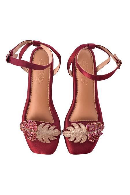 Shop_Sole House_Maroon Embroidery Leaf Block Heels _at_Aza_Fashions