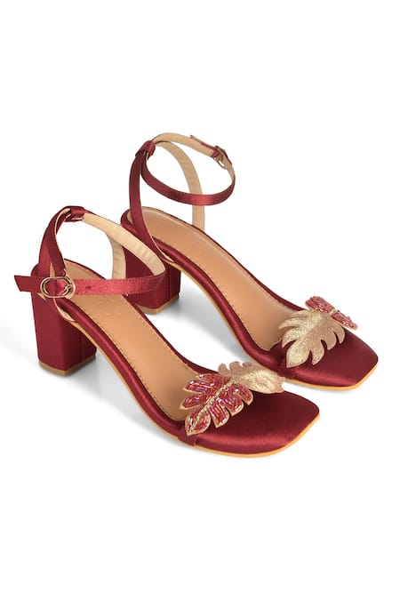 Sole House_Maroon Embroidery Leaf Block Heels _Online_at_Aza_Fashions