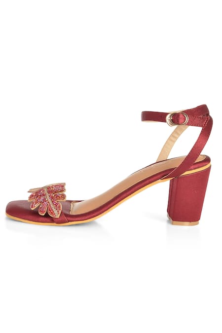 Sole House_Maroon Embroidery Leaf Block Heels _at_Aza_Fashions