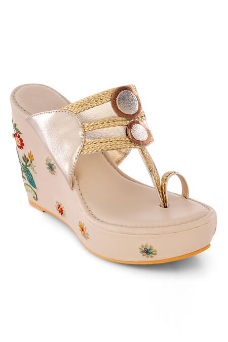 Buy_Sole House_Beige Embroidered Kolhapuri Wedges _Online_at_Aza_Fashions