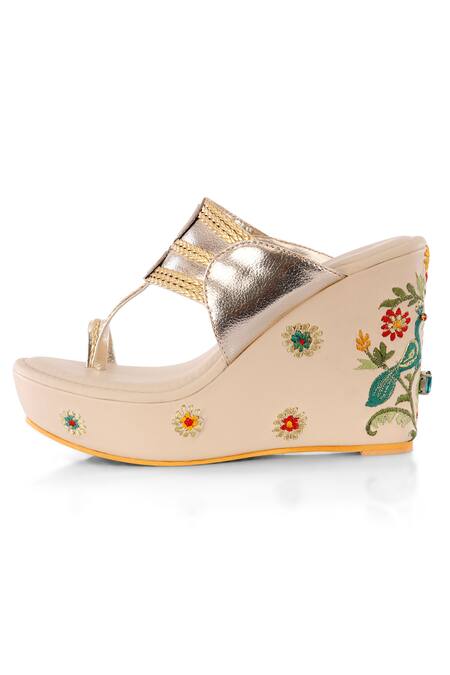 Shop_Sole House_Beige Embroidered Kolhapuri Wedges _Online_at_Aza_Fashions