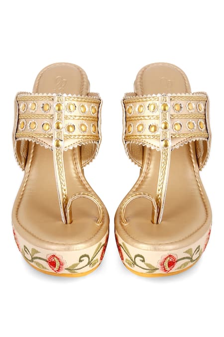 Shop Sole House Beige Embroidery Kolhapuri Wedges at Aza Fashions Shop_Sole House_Beige Embroidery Kolhapuri Wedges _at_Aza_Fashions