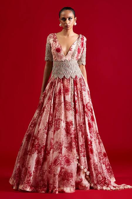 Bhumika Sharma Red Organza, Georgette Zari, Embroidery Plunge Blossom Print Anarkali With Belt Online at Aza Fashions Bhumika Sharma_Red Organza, Georgette Zari, Embroidery Plunge Blossom Print Anarkali With Belt _Online_at_Aza_Fashions