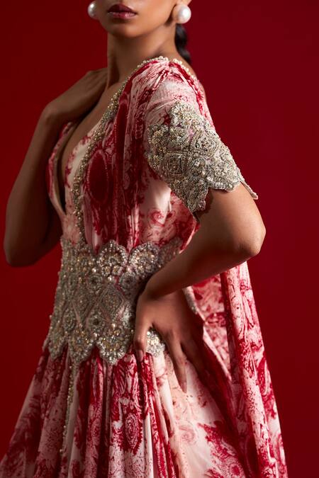Buy Bhumika Sharma Red Organza, Georgette Zari, Embroidery Plunge Blossom Print Anarkali With Belt Online at Aza Fashions Buy_Bhumika Sharma_Red Organza, Georgette Zari, Embroidery Plunge Blossom Print Anarkali With Belt _Online_at_Aza_Fashions
