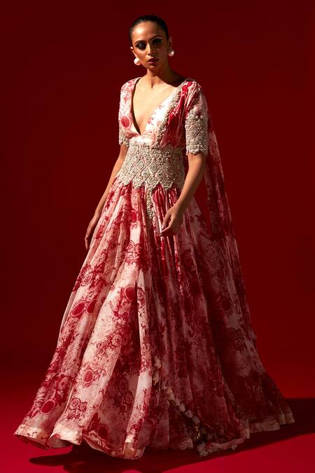 Shop Bhumika Sharma Red Organza, Georgette Zari, Embroidery Plunge Blossom Print Anarkali With Belt Online at Aza Fashions Shop_Bhumika Sharma_Red Organza, Georgette Zari, Embroidery Plunge Blossom Print Anarkali With Belt _Online_at_Aza_Fashions