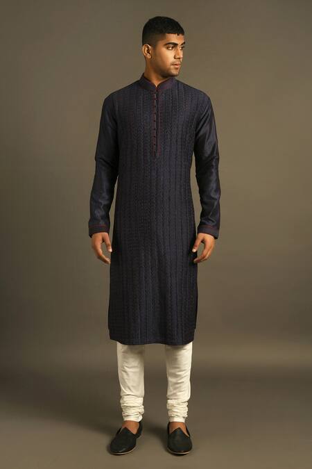 Dhruv Vaish_Blue Cotton Silk Chanderi Kurta Set _Online_at_Aza_Fashions