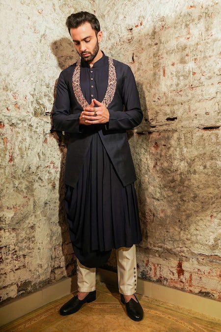 Shop_Soniya G_Blue Silk Bundi And Draped Kurta Set _at_Aza_Fashions