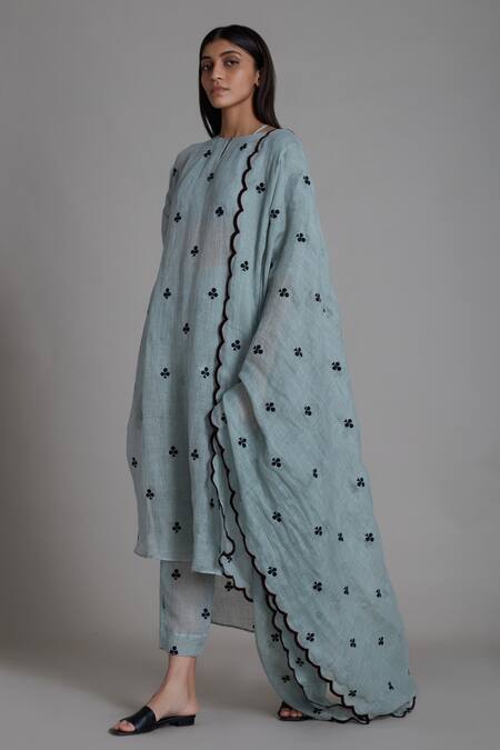 MATI_Blue Pure Linen Clubs Motif Straight Trump Card Embroidered Kurta Set_Online_at_Aza_Fashions