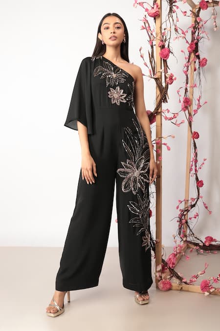 Nayantara Couture Black Polyester Georgette Embroidery Vita One Shoulder Jumpsuit 