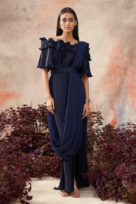 Shop_Pleats By Aruni_Blue Pleated Plain Straight Off-shoulder Saree Gown _at_Aza_Fashions