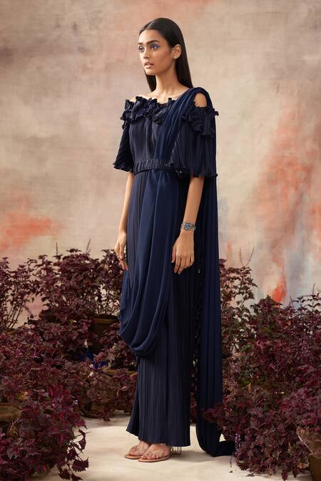 Buy_Pleats By Aruni_Blue Pleated Plain Straight Off-shoulder Saree Gown _Online_at_Aza_Fashions