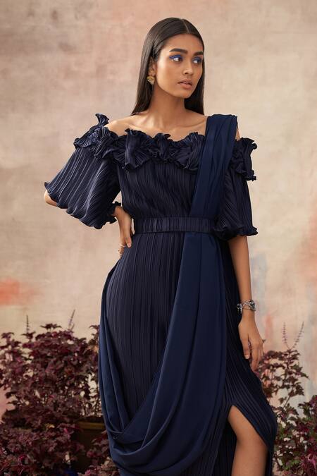 Shop_Pleats By Aruni_Blue Pleated Plain Straight Off-shoulder Saree Gown _Online_at_Aza_Fashions