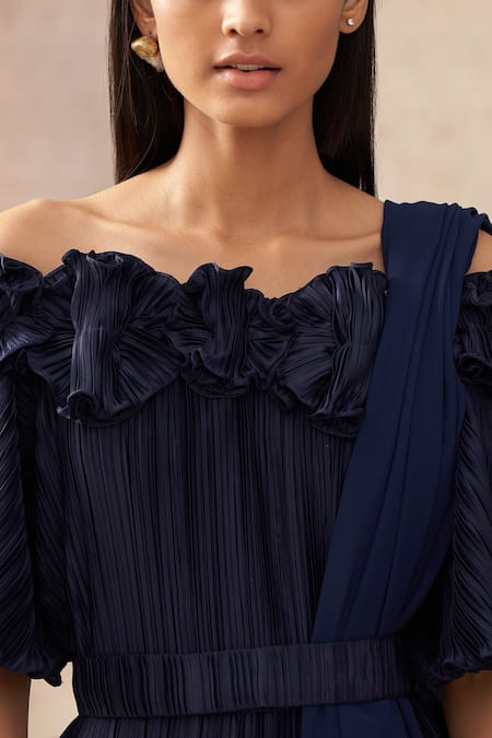 Pleats By Aruni_Blue Pleated Plain Straight Off-shoulder Saree Gown _at_Aza_Fashions