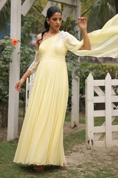 House Of Tushaom Yellow Georgette, Net Pearls Asymmetric One Shoulder Embroidered Draped Gown Online at Aza Fashions House Of Tushaom_Yellow Georgette, Net Pearls Asymmetric One Shoulder Embroidered Draped Gown _Online_at_Aza_Fashions