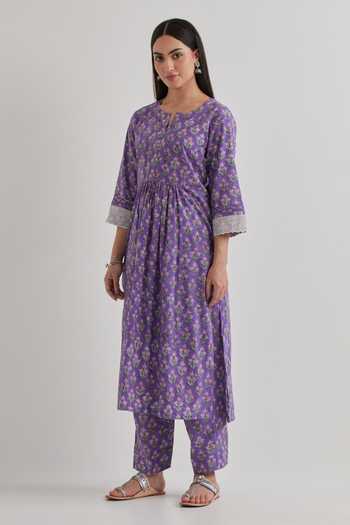 Buy_Priya Chaudhary_Purple Cotton Split V-neck Floral Print Kurta Salwar Set _Online_at_Aza_Fashions