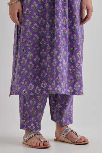 Shop_Priya Chaudhary_Purple Cotton Split V-neck Floral Print Kurta Salwar Set _Online_at_Aza_Fashions