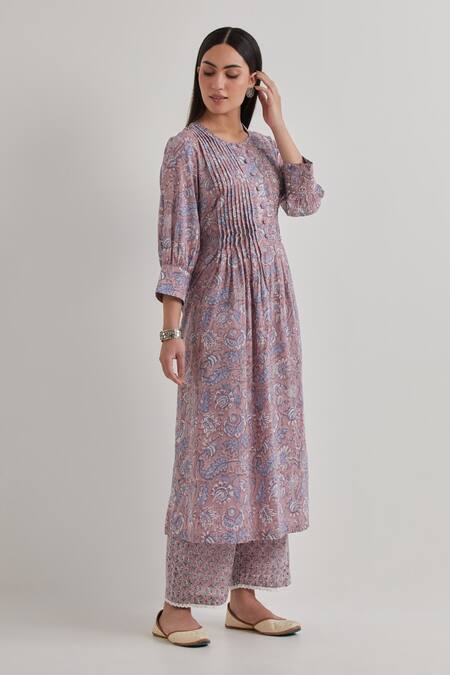 Shop_Priya Chaudhary_Gray Cotton Embroidery Round Neck Floral Printed Kurta Set With Dupatta _Online_at_Aza_Fashions