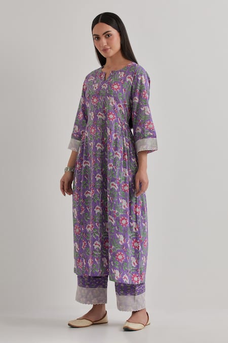 Buy Priya Chaudhary Purple Cotton Embroidery Split V-neck Floral Print Kurta Pant Set Online at Aza Fashions Buy_Priya Chaudhary_Purple Cotton Embroidery Split V-neck Floral Print Kurta Pant Set _Online_at_Aza_Fashions