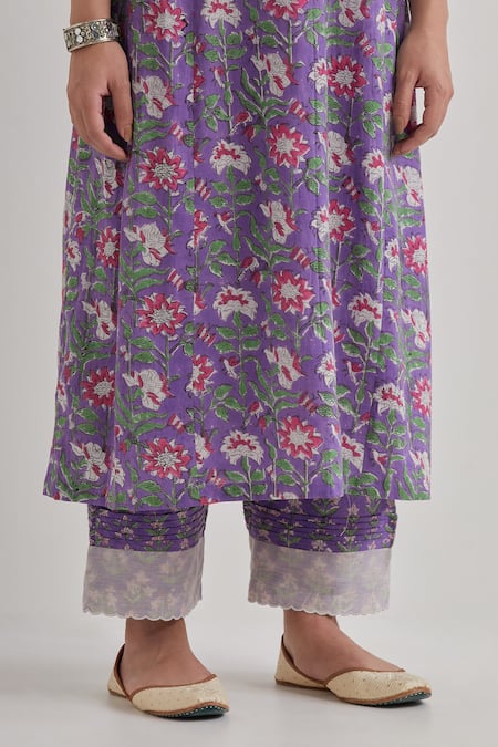 Shop Priya Chaudhary Purple Cotton Embroidery Split V-neck Floral Print Kurta Pant Set Online at Aza Fashions Shop_Priya Chaudhary_Purple Cotton Embroidery Split V-neck Floral Print Kurta Pant Set _Online_at_Aza_Fashions