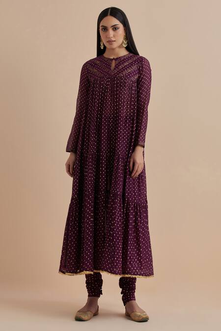 Shop_Ikshita Choudhary_Purple Chanderi Printed Polka Dot Keyhole Tiered Kurta Churidar Set_Online_at_Aza_Fashions