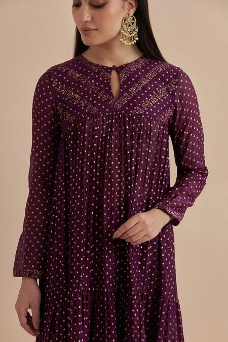 Ikshita Choudhary Purple Chanderi Keyhole Neck Placed Foil Print Kurta With Churidar at Aza Fashions Ikshita Choudhary_Purple Chanderi Keyhole Neck Placed Foil Print Kurta With Churidar_at_Aza_Fashions