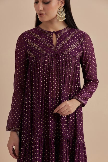 Buy_Ikshita Choudhary_Purple Chanderi Printed Polka Dot Keyhole Tiered Kurta Churidar Set