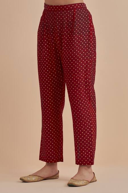Ikshita Choudhary_Red Chanderi Printed Polka Dot V Neck Foil Cross Yoke Anarkali Pant Set_Online_at_Aza_Fashions