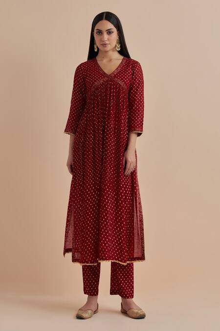 Shop_Ikshita Choudhary_Red Chanderi Printed Polka Dot V Neck Foil Cross Yoke Anarkali Pant Set_Online_at_Aza_Fashions