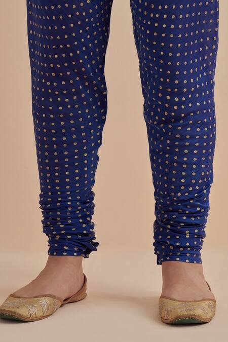 Buy_Ikshita Choudhary_Blue Chanderi Printed Foil Round Straight Polka Dot Kurta Churidar Set_Online_at_Aza_Fashions