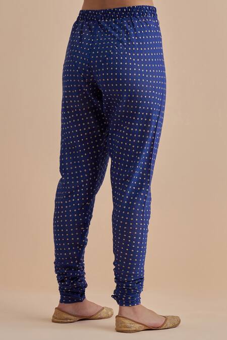 Shop_Ikshita Choudhary_Blue Chanderi Printed Foil Round Straight Polka Dot Kurta Churidar Set_Online_at_Aza_Fashions