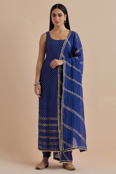 Shop_Ikshita Choudhary_Blue Chanderi Foil Printing, Embroidery Round Neck Long Kurta With Churidar