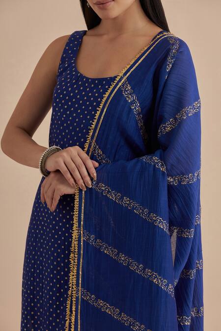 Buy Blue Chanderi Printed Foil Straight Polka Dot Kurta Churidar