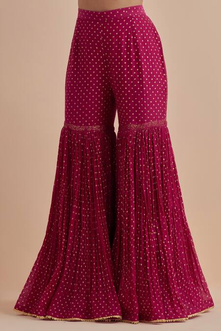 Ikshita Choudhary Magenta Chanderi Lace, Foil Printing Round Neck Kurta Gharara Set With Dupatta Online at Aza Fashions Ikshita Choudhary_Magenta Chanderi Lace, Foil Printing Round Neck Kurta Gharara Set With Dupatta_Online_at_Aza_Fashions