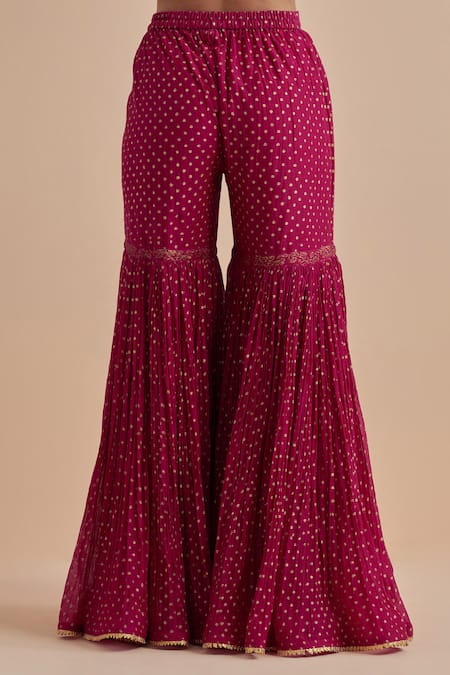 Buy Ikshita Choudhary Magenta Chanderi Lace, Foil Printing Round Neck Kurta Gharara Set With Dupatta Online at Aza Fashions Buy_Ikshita Choudhary_Magenta Chanderi Lace, Foil Printing Round Neck Kurta Gharara Set With Dupatta_Online_at_Aza_Fashions